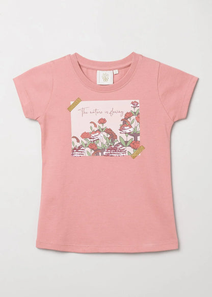 Blush Pink Reversible Sequin Nature Print T-Shirt for Girls