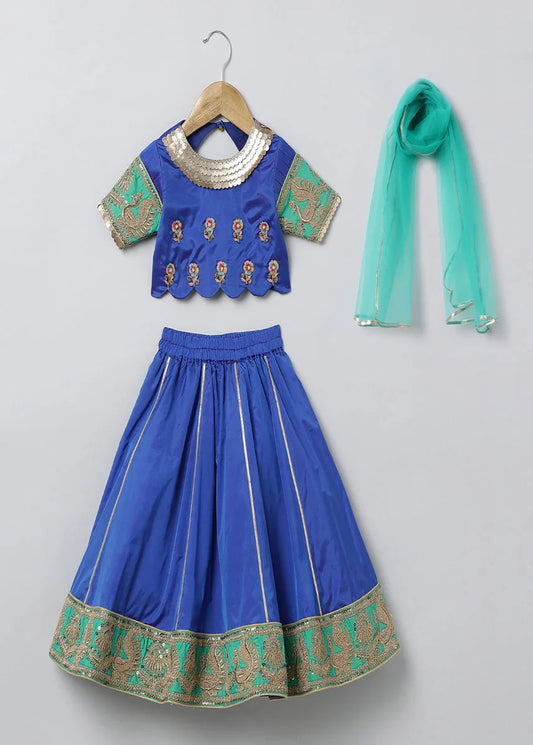 Royal Blue & Green Embroidered Lehenga Choli Set for Girls