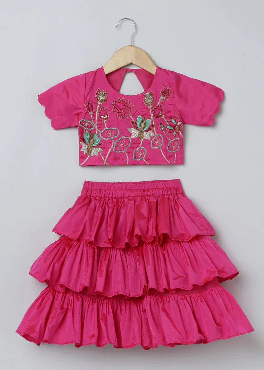 Bright Pink Bangalore Silk Top & Skirt Set