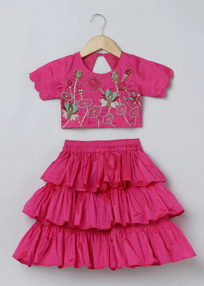 Bright Pink Bangalore Silk Top & Skirt Set