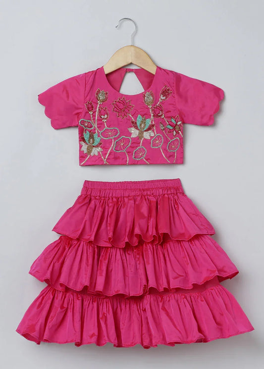 Bright Pink Bangalore Silk Top & Skirt Set