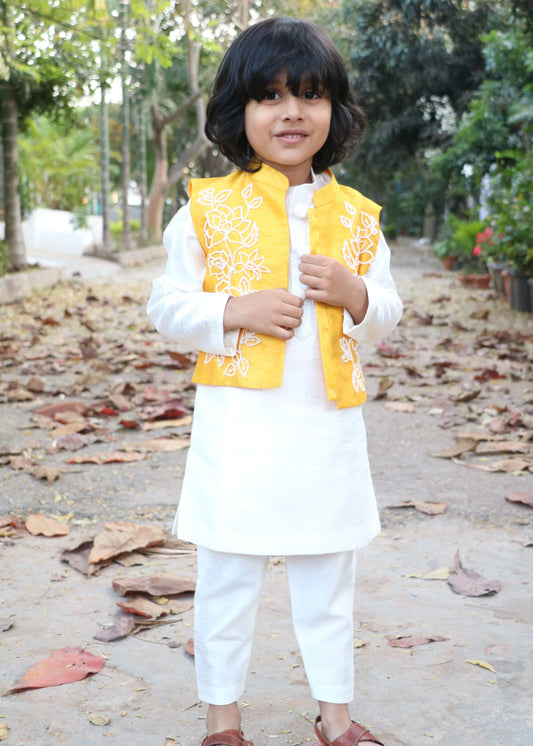 White & Yellow Kurta Pyjama Set with Jacket for Boys