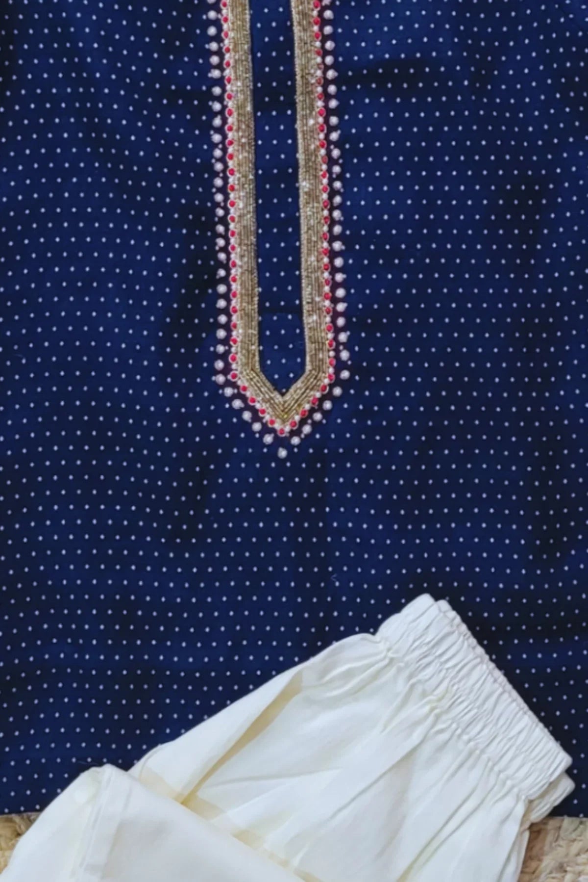 Navy Blue Linen Embroidered Kurta Set for Boys