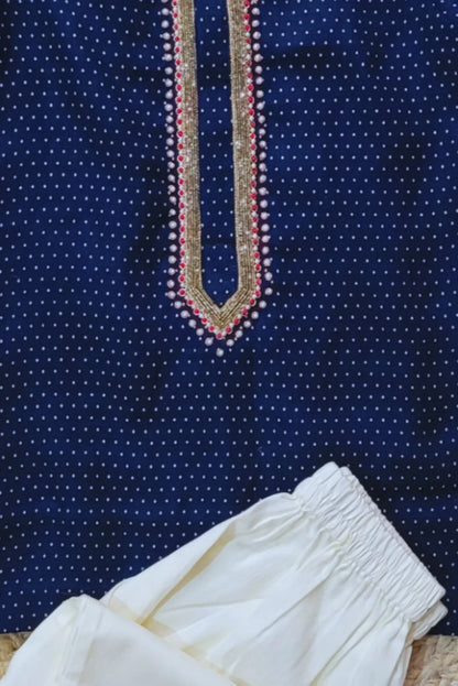 Navy Blue Linen Embroidered Kurta Set for Boys