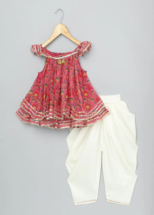 Girls Pink Floral Off-Shoulder Dhoti Set