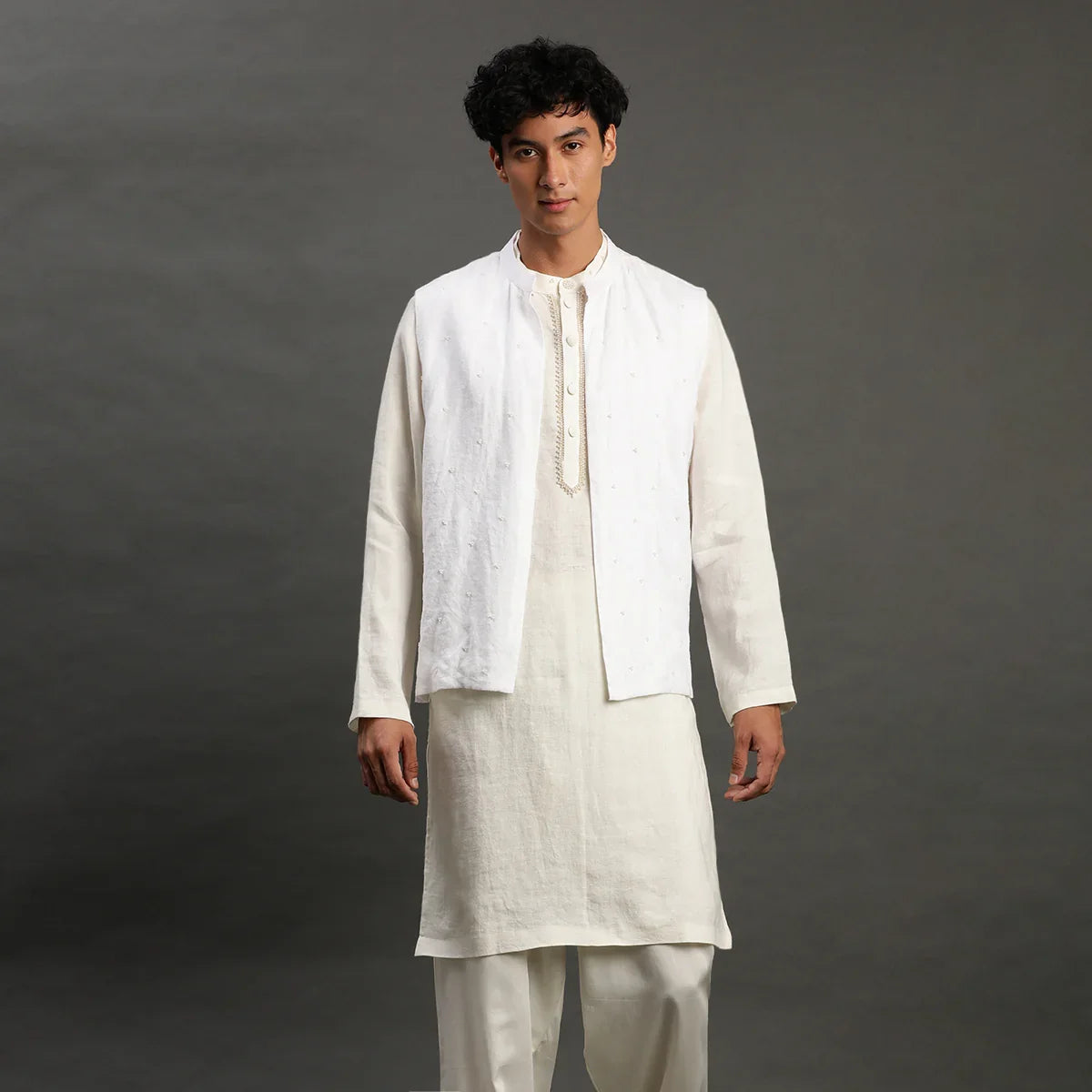White Linen Kurta Set with Embroidered Jacket