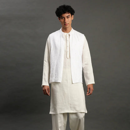 White Linen Kurta Set with Embroidered Jacket