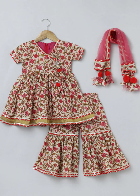 Multicolor Jaipur Floral Printed Kurti Sharara Set for Girls