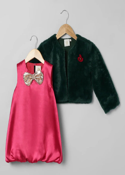 Cherry Red Ballon Dress With Green Fur Jacket