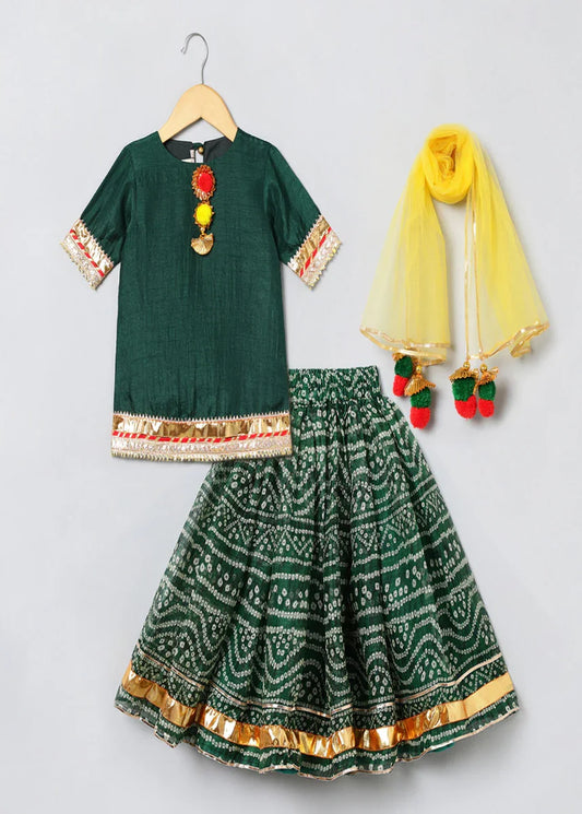 Green Bandhani Silk Lehenga Kurti Set