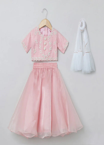 Pastel Pink & White Embroidered Lehenga Choli Set for Girls