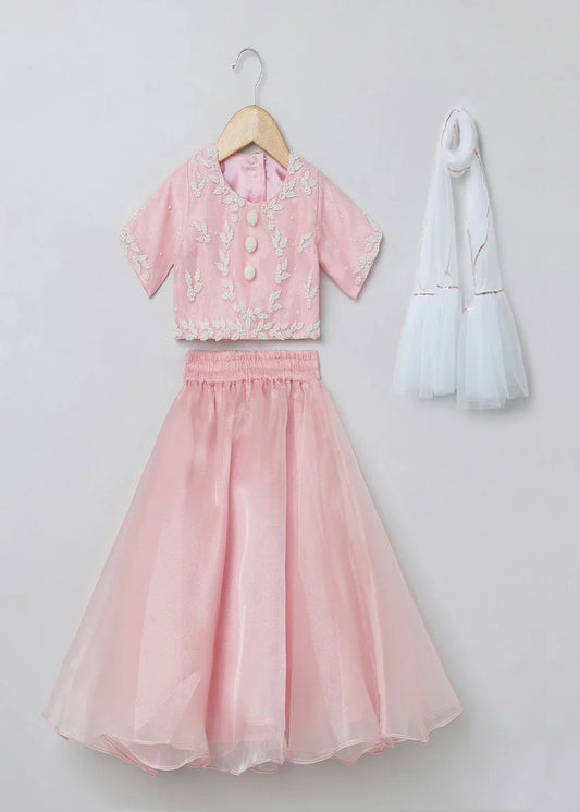 Pastel Pink & White Embroidered Lehenga Choli Set for Girls