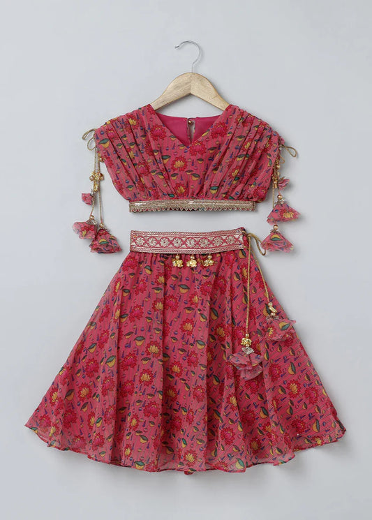Pink Lotus Printed Georgette Lehenga Set