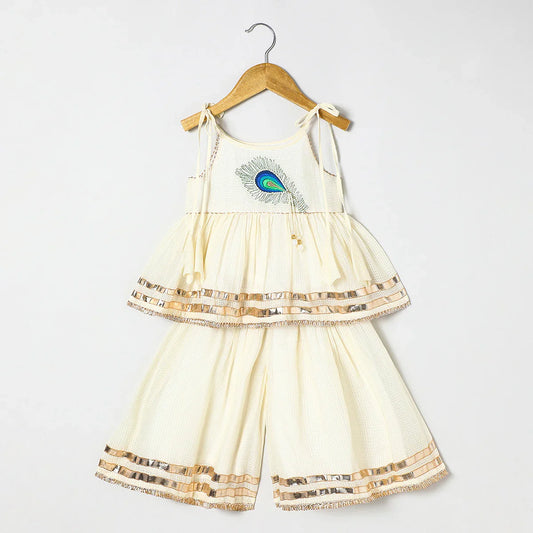 Off white Pure doria cotton Mayurpankh pearls embroidery with plazo set