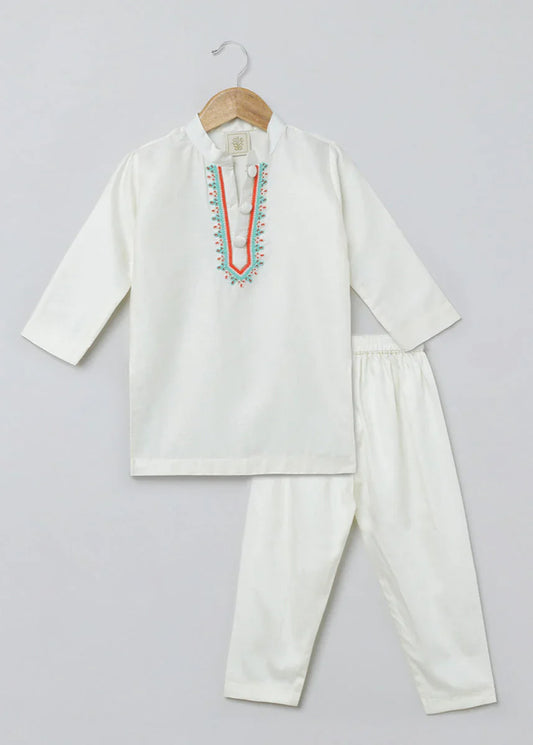 White Multicolor Embroidered Kurta Pyjama Set for Boys