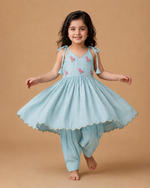 Load image into Gallery viewer, Sky Blue Flamingo Embroidered Chanderi Peplum Kurta Dhoti Set for Girls

