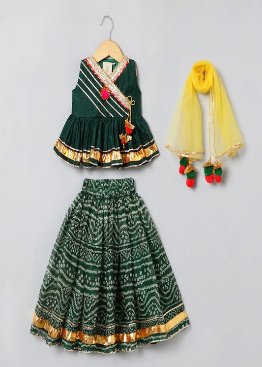 Dark Green Raw Silk Lehenga Choli Set for Girls