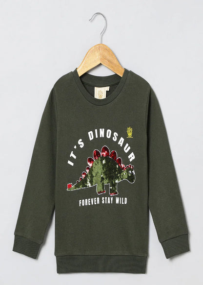 Roar Mode Reversible Sequin Dino Sweatshirt – Olive Green
