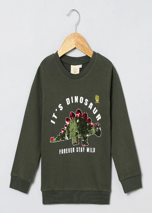Roar Mode Reversible Sequin Dino Sweatshirt – Olive Green