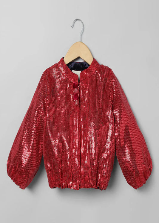 Red Sequin Party Jacket with Front Button Closure