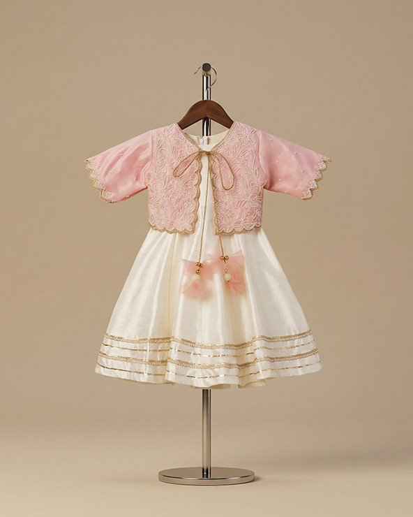 Baby pink & white raw silk dress with embroidered organza jacket for girls
