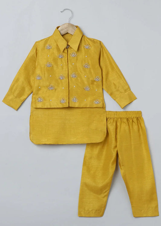 Mustard Yellow Silk Kurta-Pyjama with Embroidered Jacket