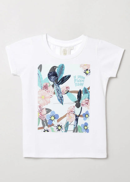 White Bird & Flower Printed T-Shirt with Sequin Detail