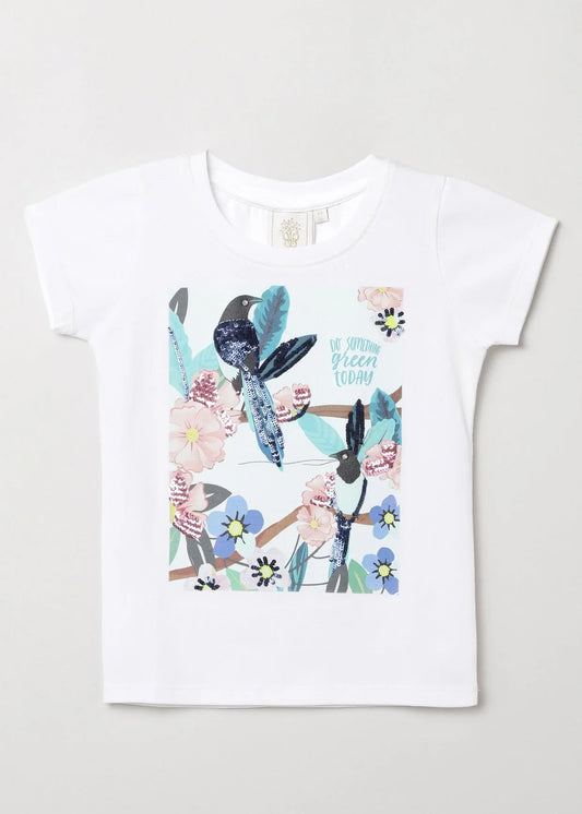 White Bird & Flower Printed T-Shirt with Sequin Detail