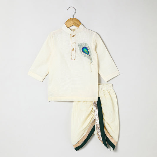 Off white doria cotton Kurta with Mayurpankh pearls embroidery Dhoti set