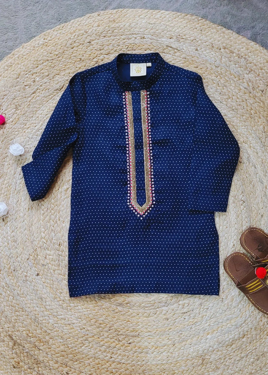 Navy Blue Linen Embroidered Kurta Set for Boys