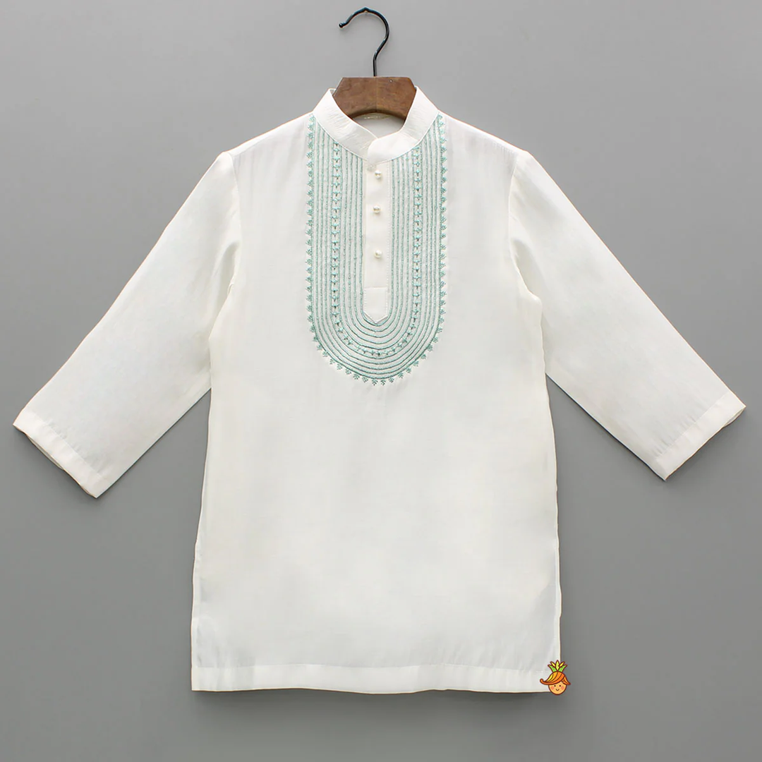 Boys Ivory Chanderi Embroidered Kurta Pajama Set for Festive & Wedding Wear