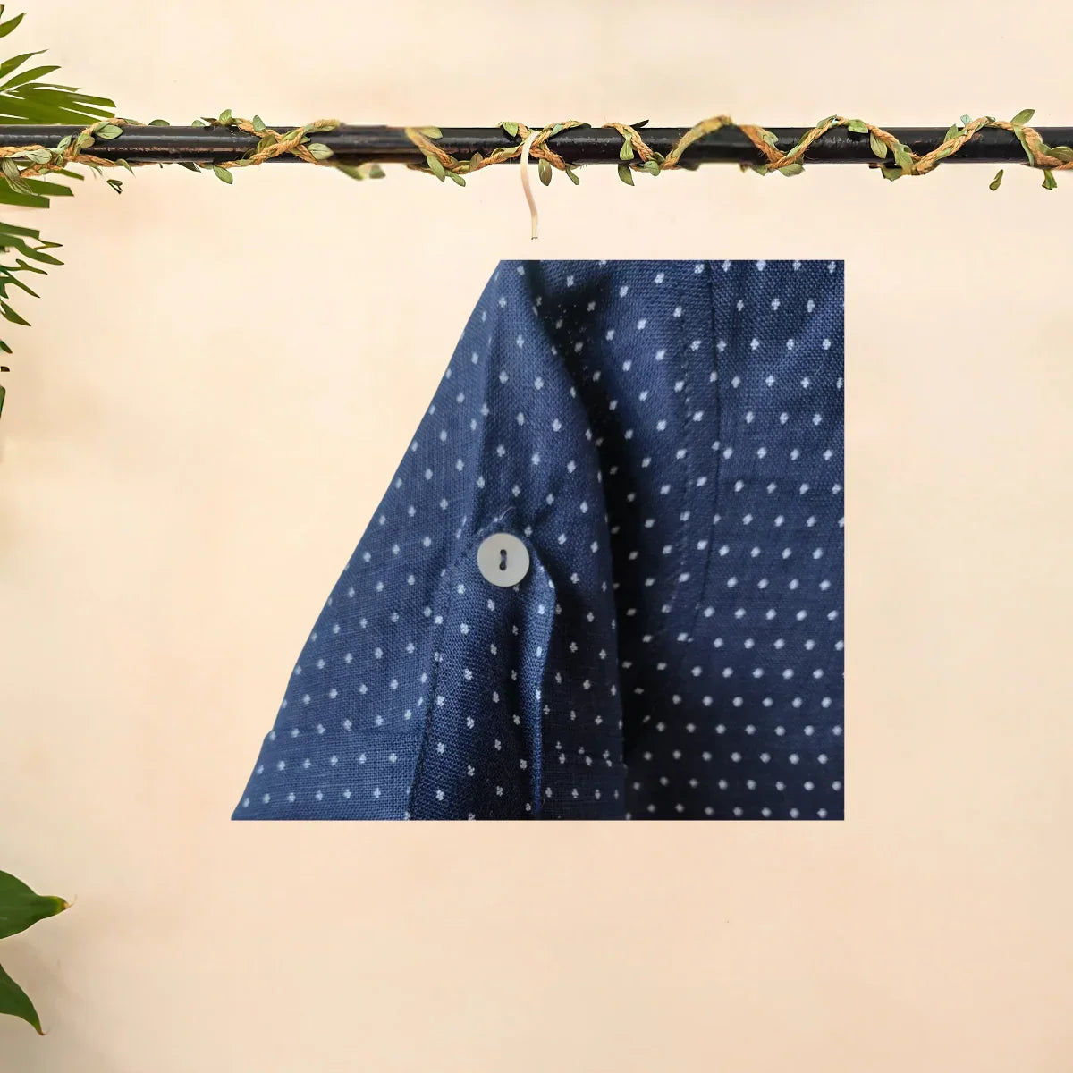 Pure Linen Navy Blue Polka Dot Shirt Set