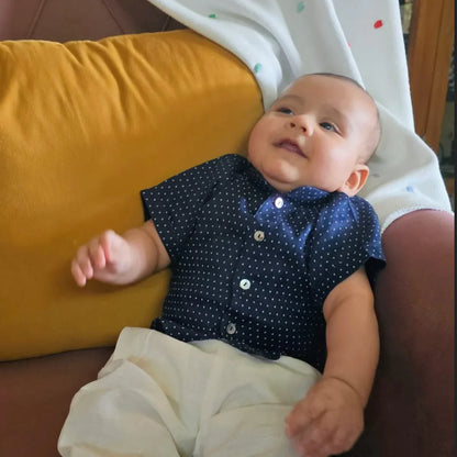 Pure Linen Navy Blue Polka Dot Shirt Set