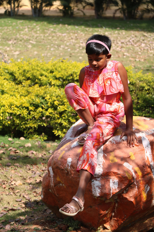 Pink And Orange Girls Summer Floral Print Rayon Jumpsuit