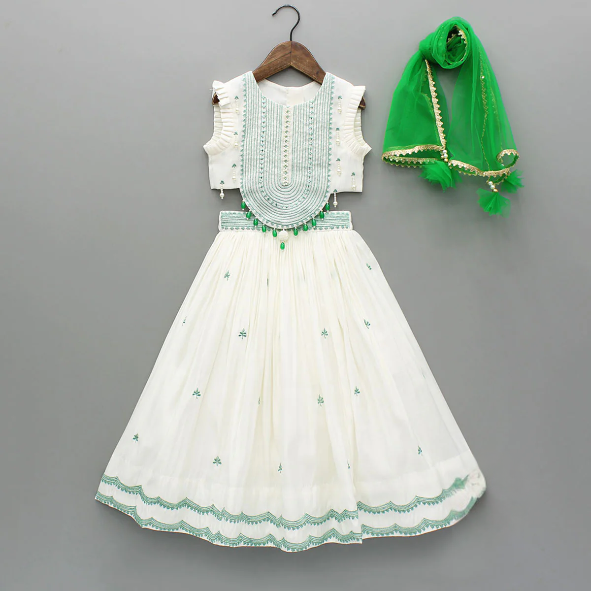Girls ivory embroidered lehenga choli set with dupatta for festivals