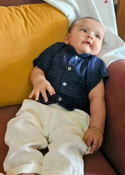 Pure Linen Navy Blue Polka Dot Shirt Set