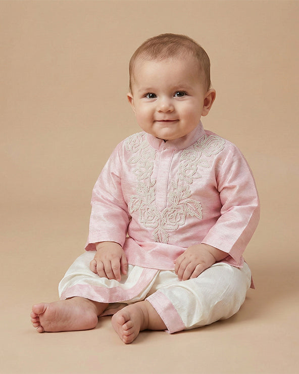 Baby pink raw silk kurta dhoti set for boys with pearl embroidery