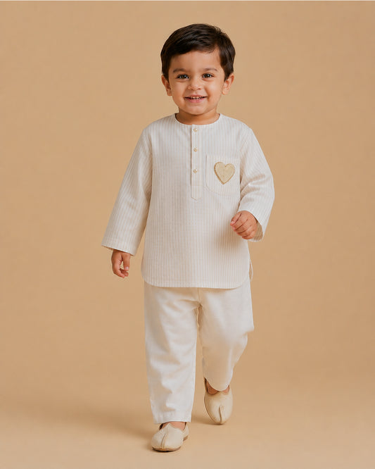Boys Pure Cotton Striped Kurta Set with Heart Embroidered Pocket