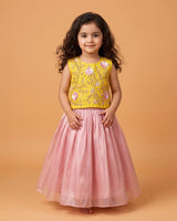 Pink Tissue Silk Embroidered Lehenga Set for Girls