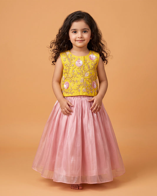 Pink Tissue Silk Embroidered Lehenga Set for Girls