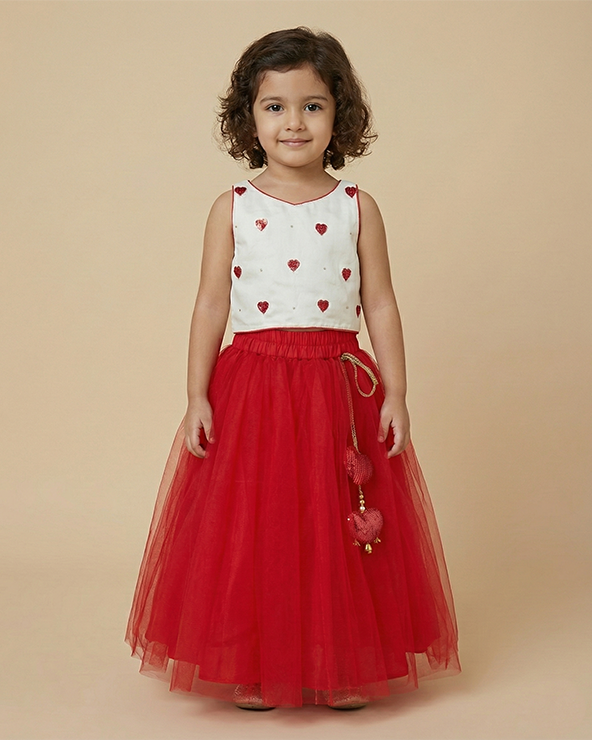 White & Red Heart Embroidered Top Skirt Set for Girls | Cotton & Tulle
