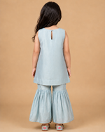 Load image into Gallery viewer, Girl wearing a sky blue Chanderi embroidered sleeveless kurta with matching flared sharara pants
