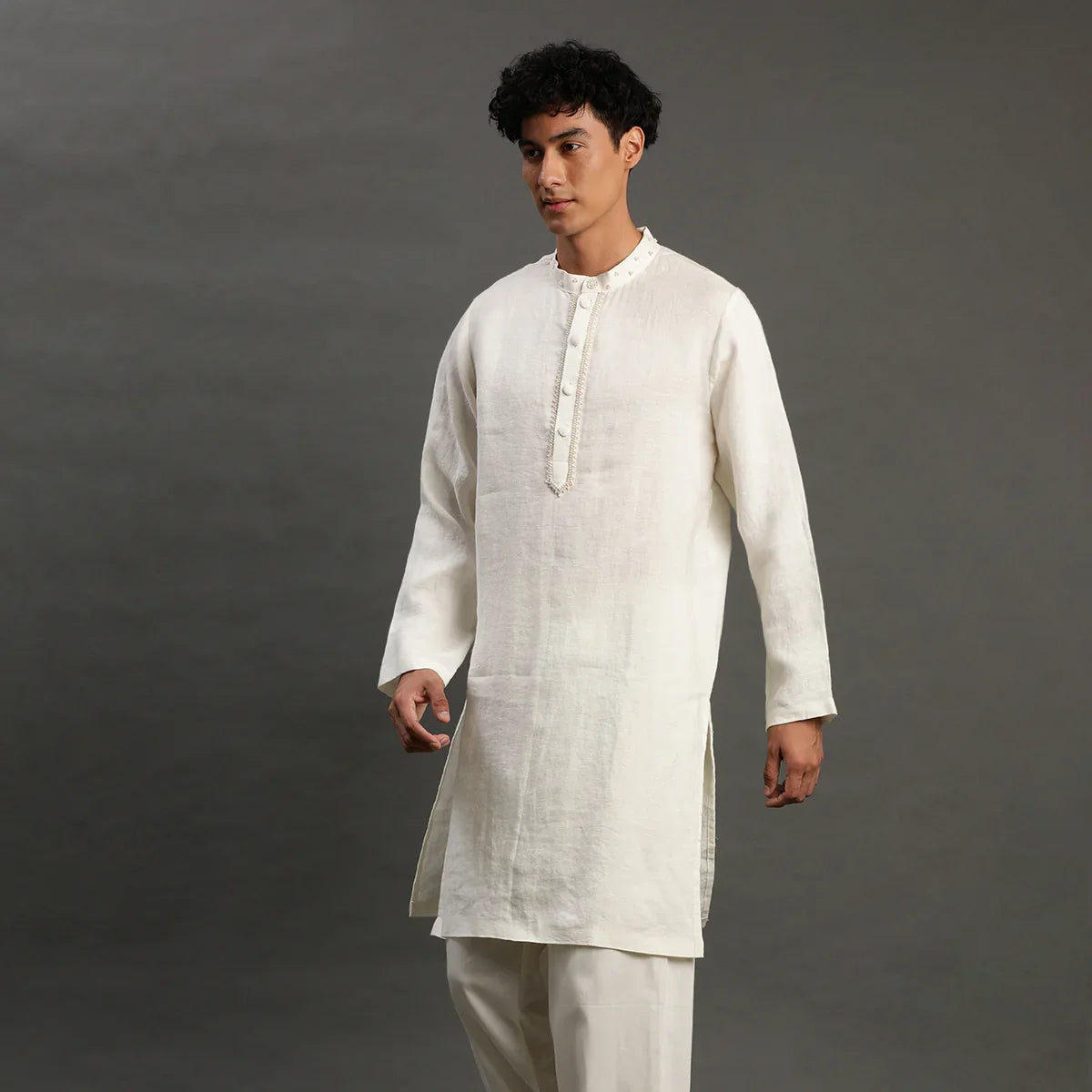 Off-White Linen Kurta Pyjama Set for Men