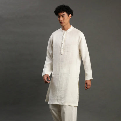 Off-White Linen Kurta Pyjama Set for Men
