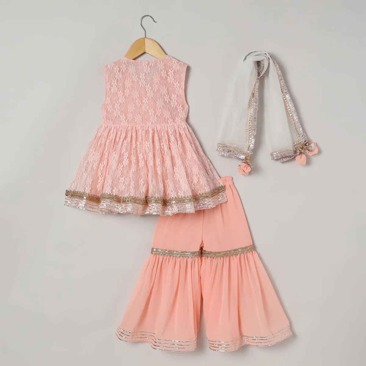 Peach Kaftan Kurta Sharara Set with Embroidery & Tassel Dupatta