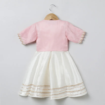 Baby Pink & White Dress with Embroidered Jacket for Girls