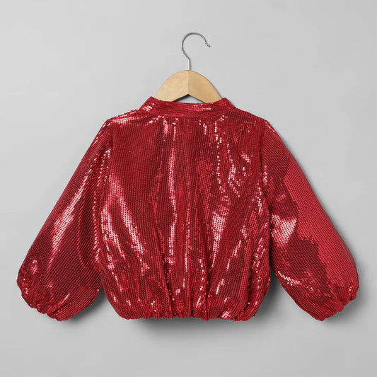 Red Sequin Party Jacket with Front Button Closure