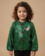 Load image into Gallery viewer, Girl wearing emerald green poly sequin jacket with soft lining
