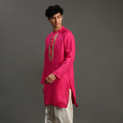 Fuchsia Pink Linen Kurta Pyjama Set for Men
