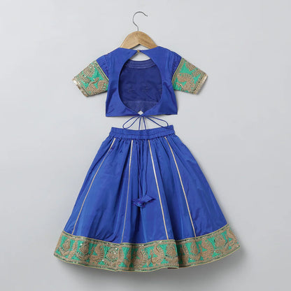 Royal Blue & Green Embroidered Lehenga Choli Set for Girls